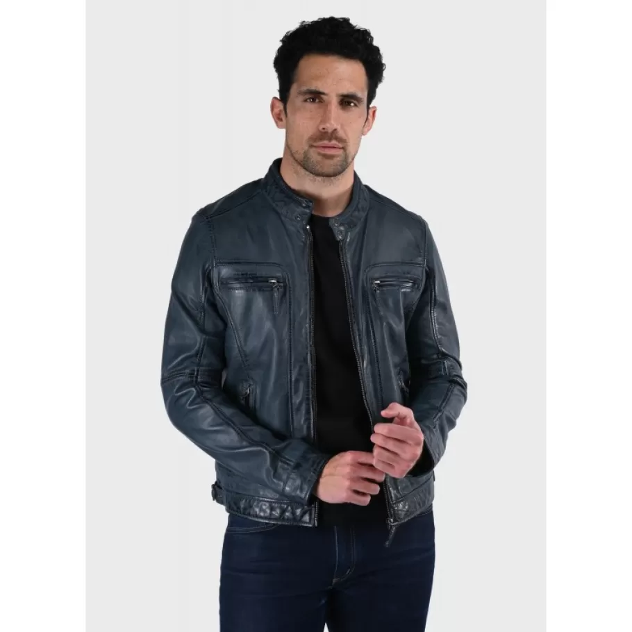 OAKWOOD Casey Bleu - Blouson En Cuir Veritable Outlet