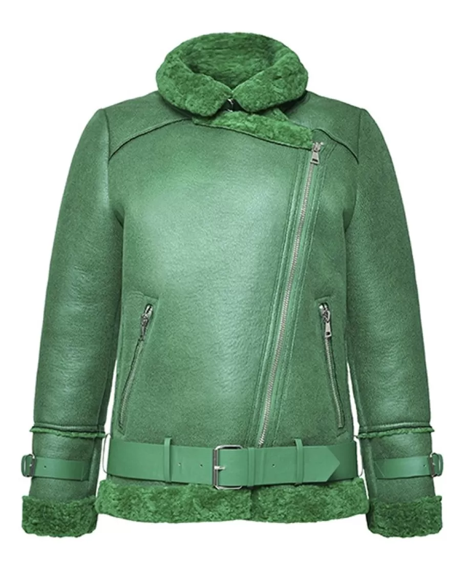 OAKWOOD Community Vert - Blouson Bombardier Effet Peau Retournee Fourrure Synthetique New