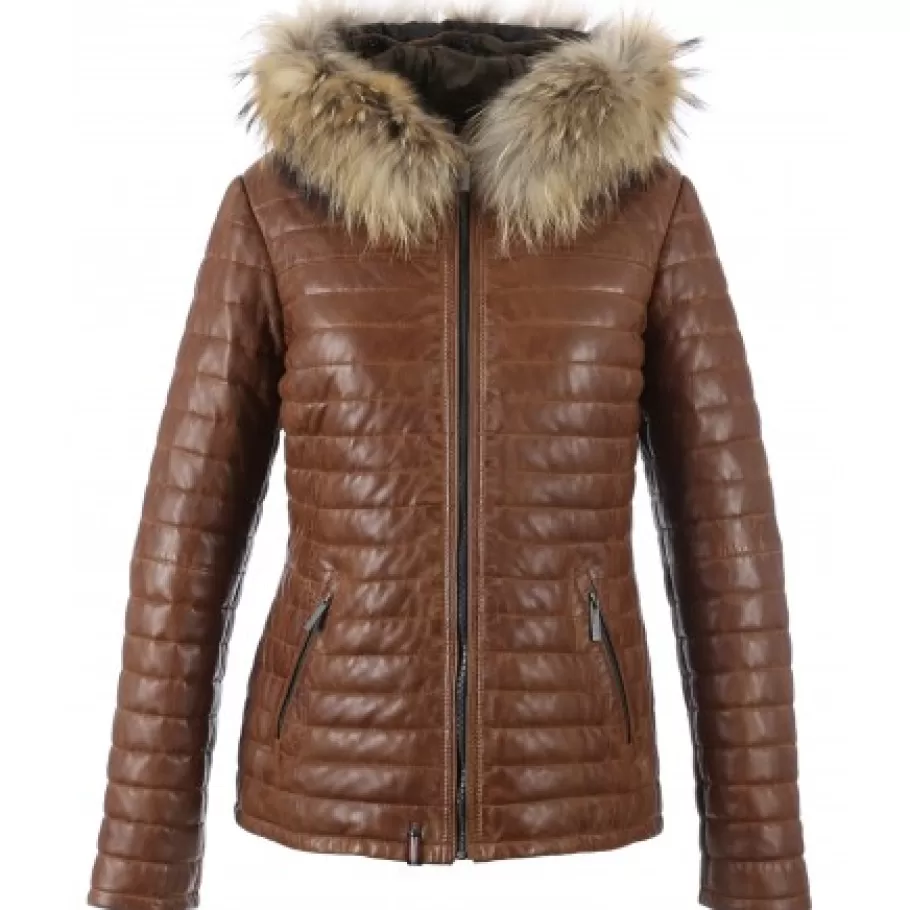 OAKWOOD Happy Cognac - Doudoune En Cuir Veritable Bicolore A Capuche & Fourrure Hot