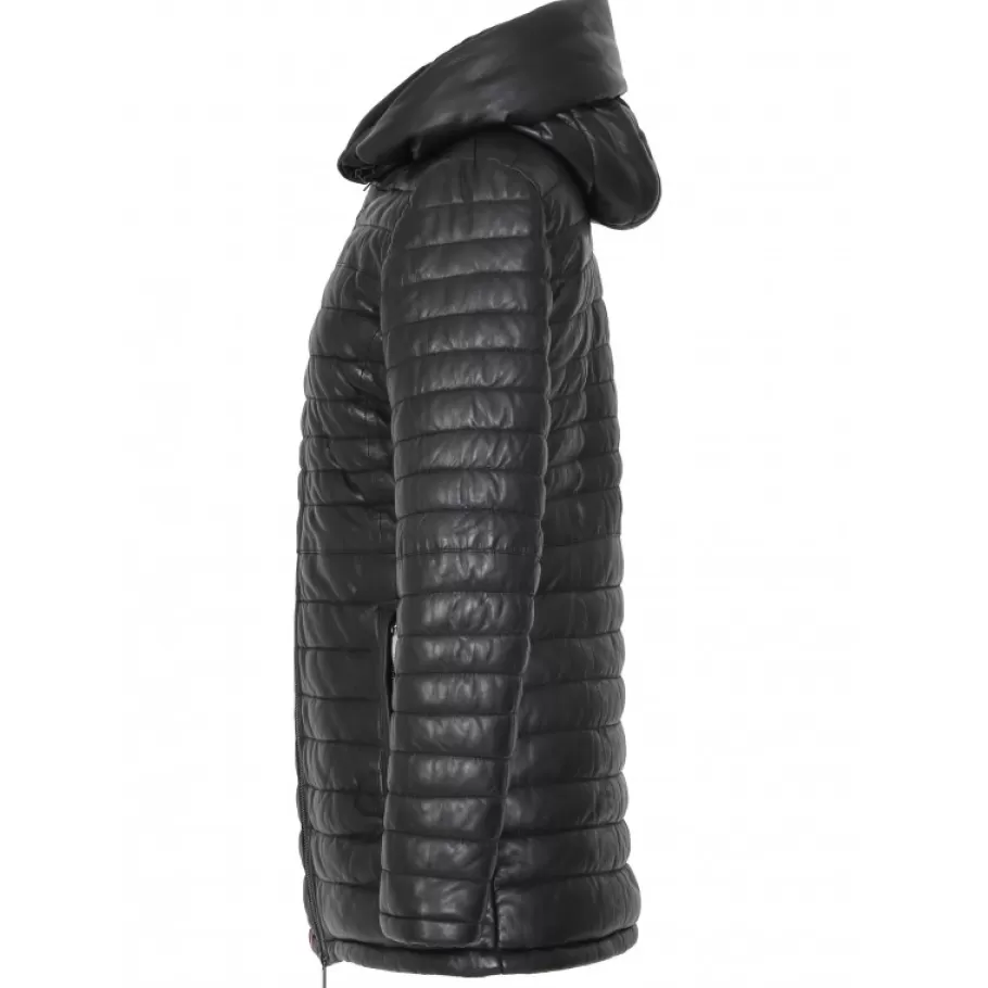 OAKWOOD Hopper Noir - Doudoune Mi-Longue En Cuir Veritable Capuche A Revers Best