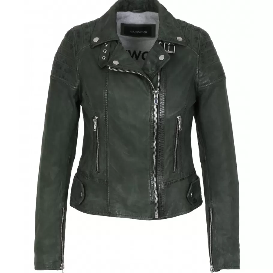 OAKWOOD Sasha 6 Vert - Blouson Inspiration Motard En Cuir Veritable New