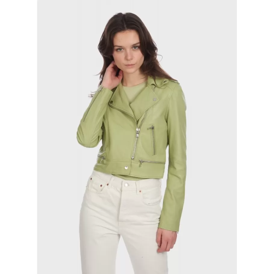 OAKWOOD Yoko Vert Clair - Blouson Court En Cuir Veritable Fashion