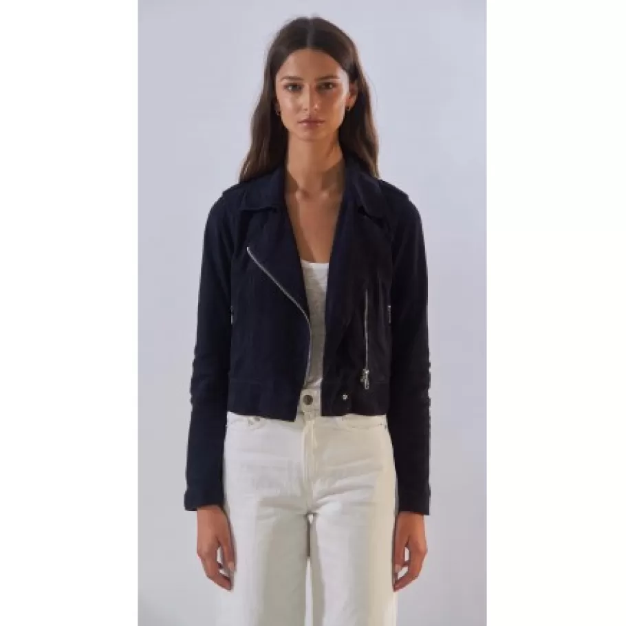 OAKWOOD Zulina Bleu Marine - Blouson Biker Court Cuir Veritable Chevre Velours New