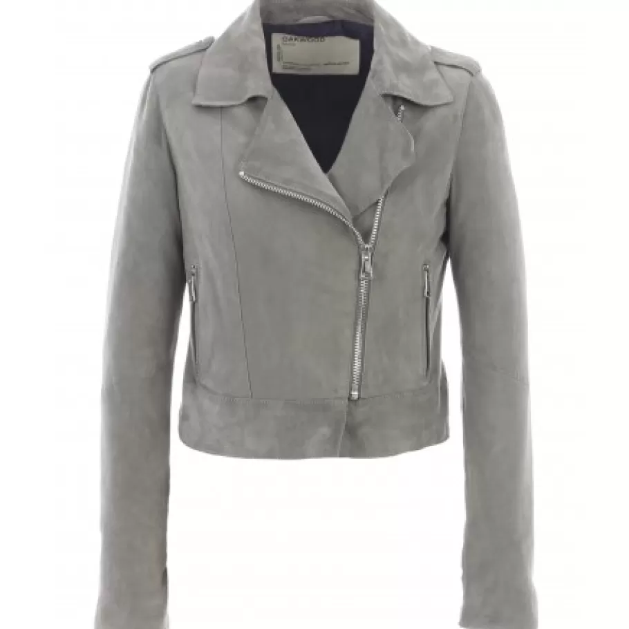 OAKWOOD Zulina Gris - Blouson Biker Court Cuir Veritable Chevre Velours Sale